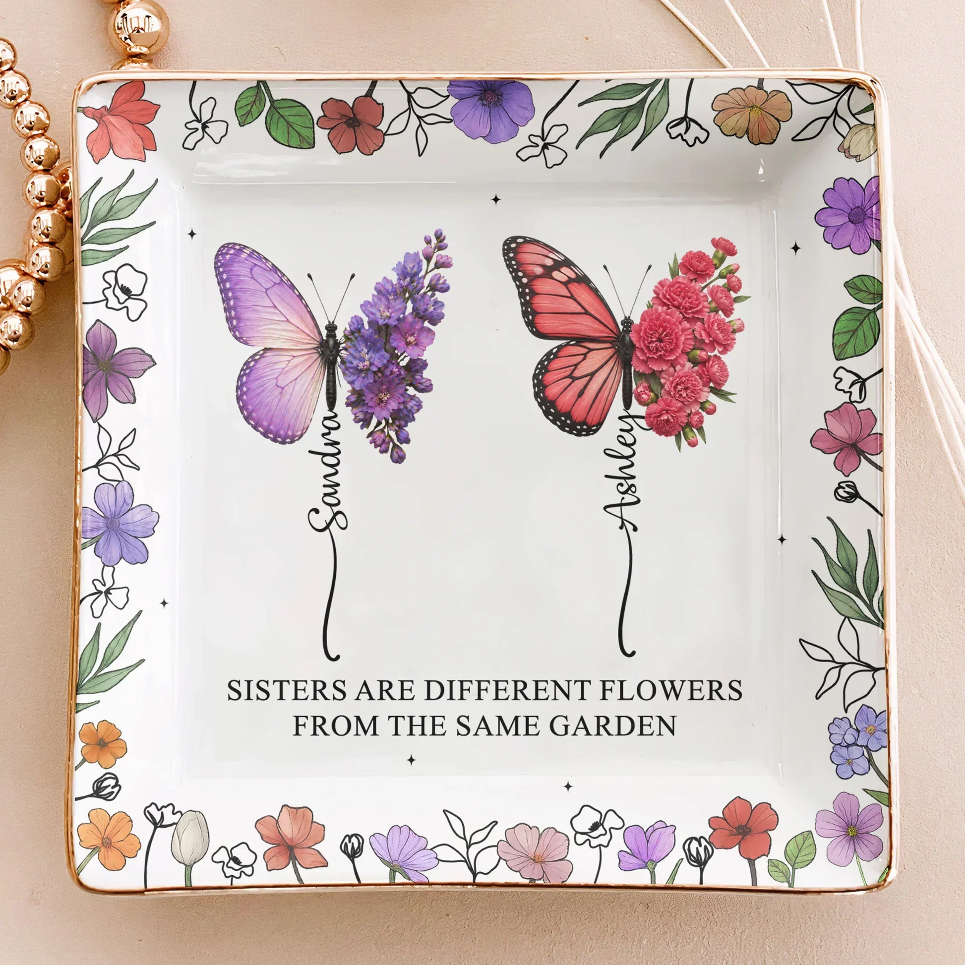 Personalized Jewelry Dish with Butterflies & Flowers, Unique Creative Gift for Sister - Image 2