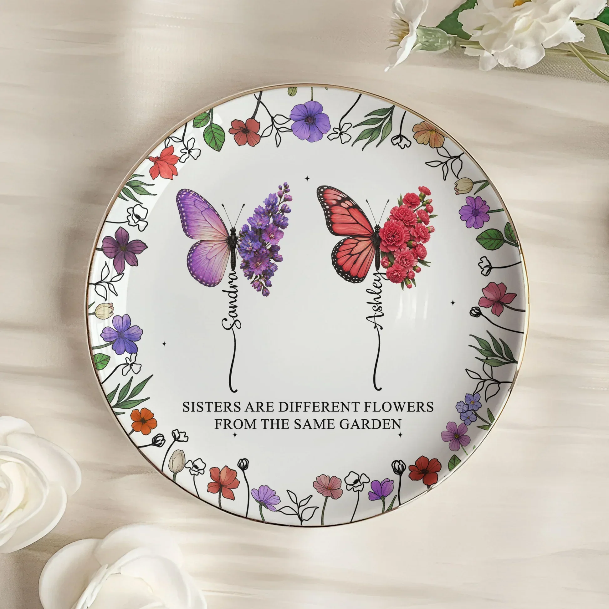Personalized Jewelry Dish with Butterflies & Flowers, Unique Creative Gift for Sister - Image 4
