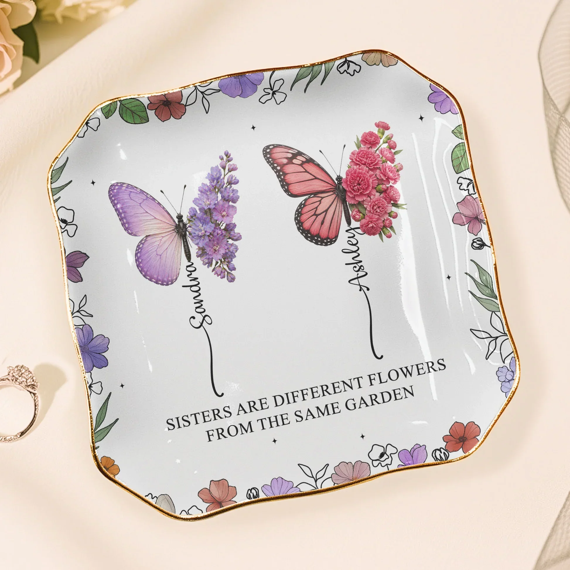 Personalized Jewelry Dish with Butterflies & Flowers, Unique Creative Gift for Sister - Image 5