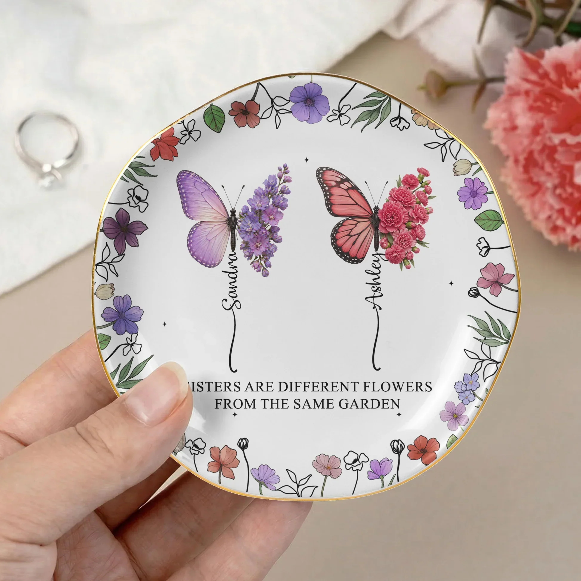 Personalized Jewelry Dish with Butterflies & Flowers, Unique Creative Gift for Sister - Image 6