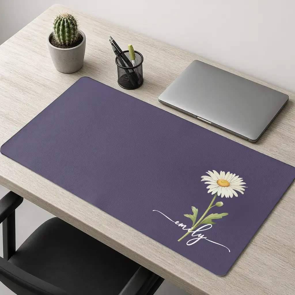 Personalized Birth Flower Leather Desk Mat, Purple Daisy Workspace Decor, Unique Gift for Her