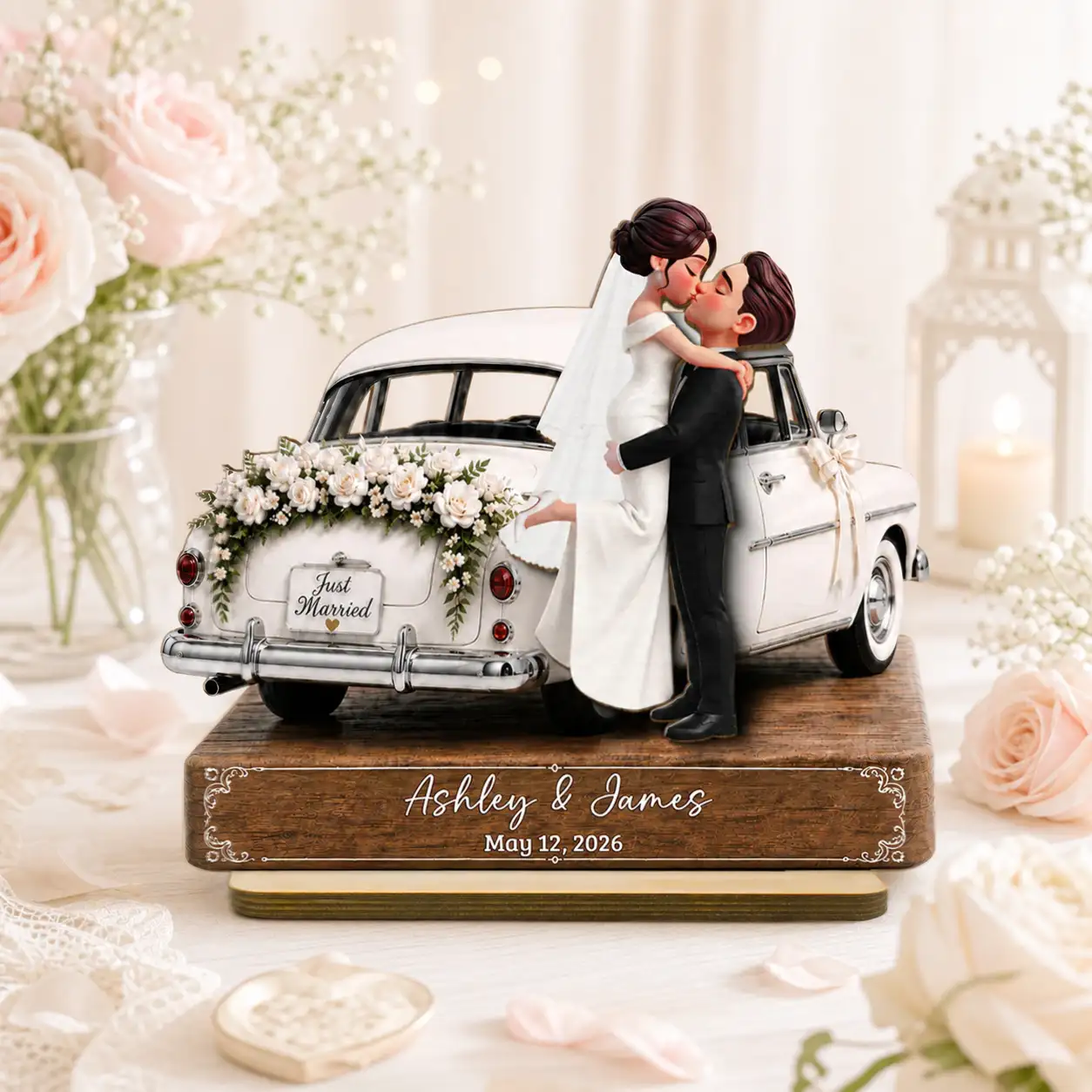 Personalized 2-Layer Wooden Plaque, Kissing Bride & Groom by Vintage Car, Unique Wedding Gift