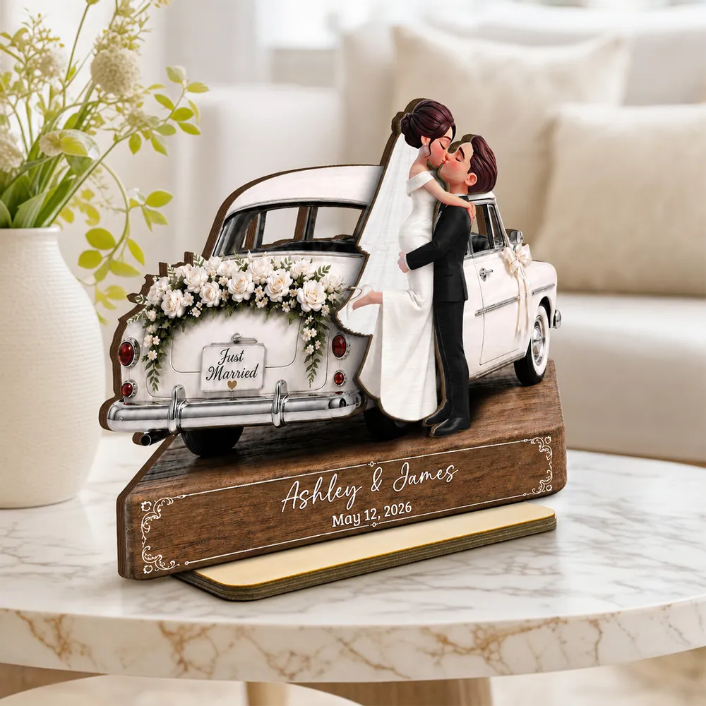 Personalized 2-Layer Wooden Plaque, Kissing Bride & Groom by Vintage Car, Unique Wedding Gift - Image 2