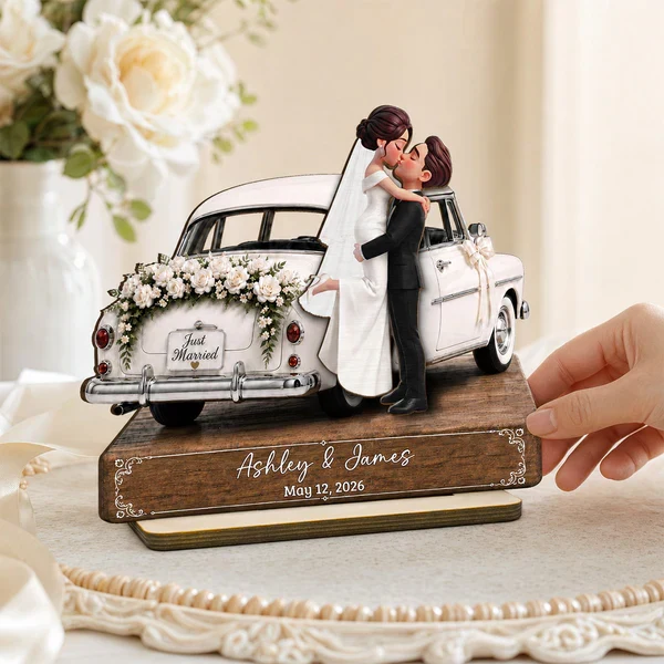 Personalized 2-Layer Wooden Plaque, Kissing Bride & Groom by Vintage Car, Unique Wedding Gift - Image 6