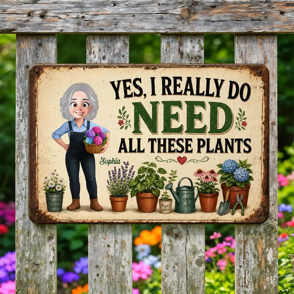 Personalized Rectangular Iron Sign, Gardening Girl with Plants, Unique Gift for Plant Lover