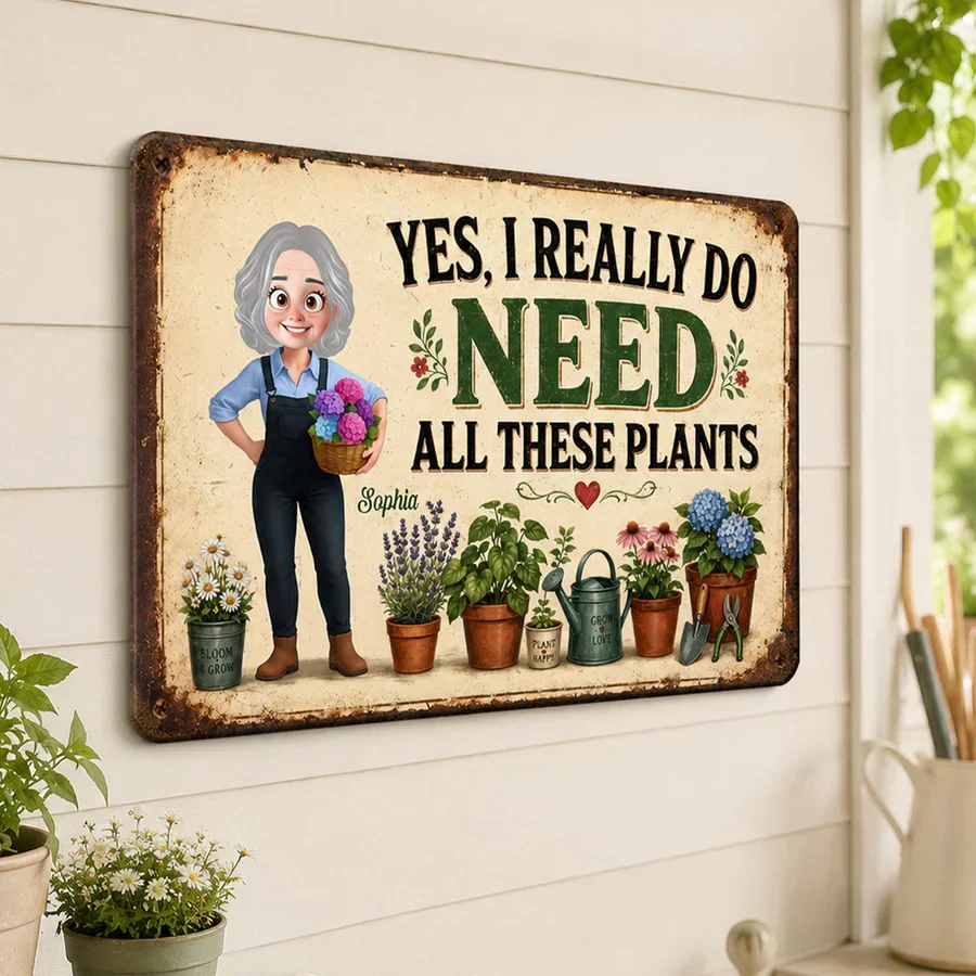 Personalized Rectangular Iron Sign, Gardening Girl with Plants, Unique Gift for Plant Lover - Image 3