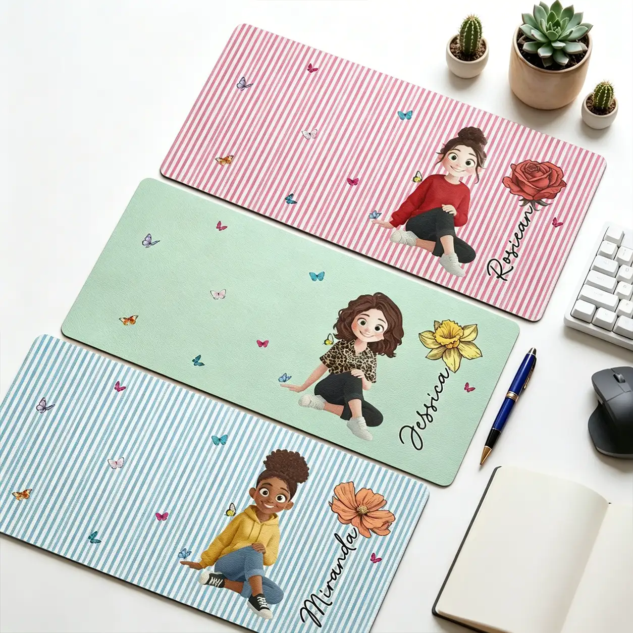 Personalized Leather Desk Mat, Cute Character & Birth Flower Design, Unique Gift for Her Workspace