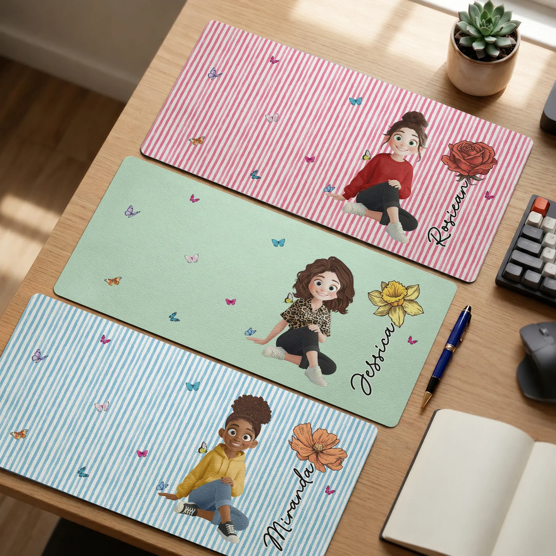 Personalized Leather Desk Mat, Cute Character & Birth Flower Design, Unique Gift for Her Workspace - Image 2
