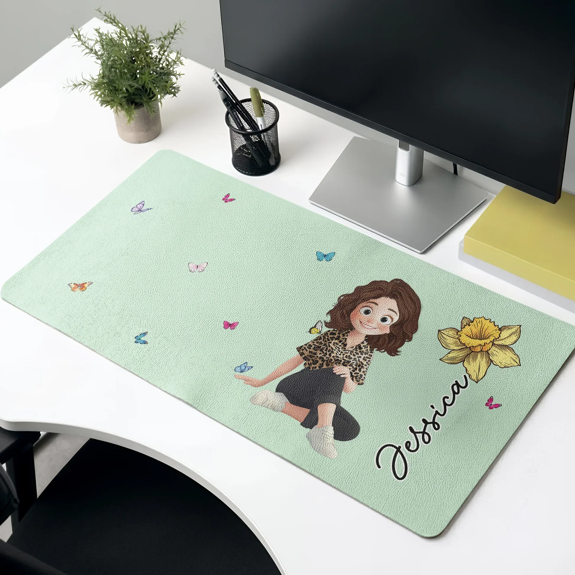 Personalized Leather Desk Mat, Cute Character & Birth Flower Design, Unique Gift for Her Workspace - Image 3