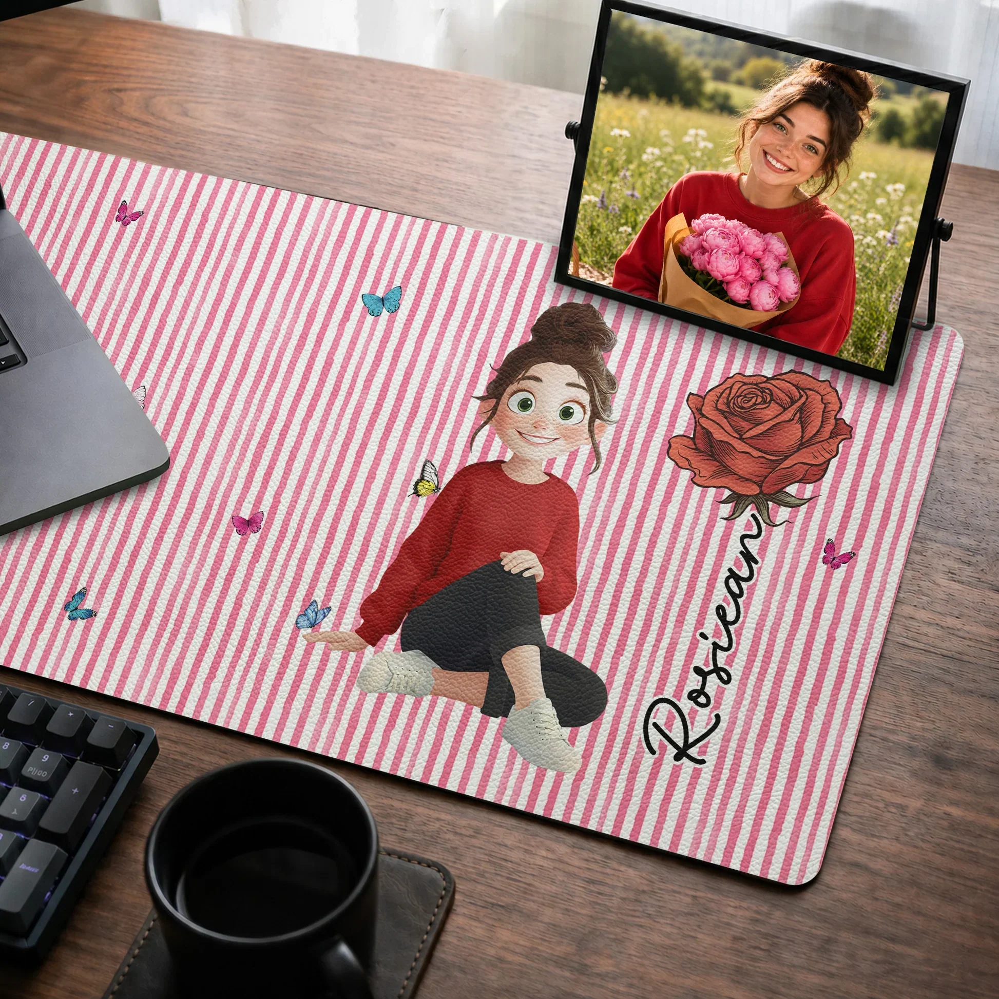 Personalized Leather Desk Mat, Cute Character & Birth Flower Design, Unique Gift for Her Workspace - Image 5