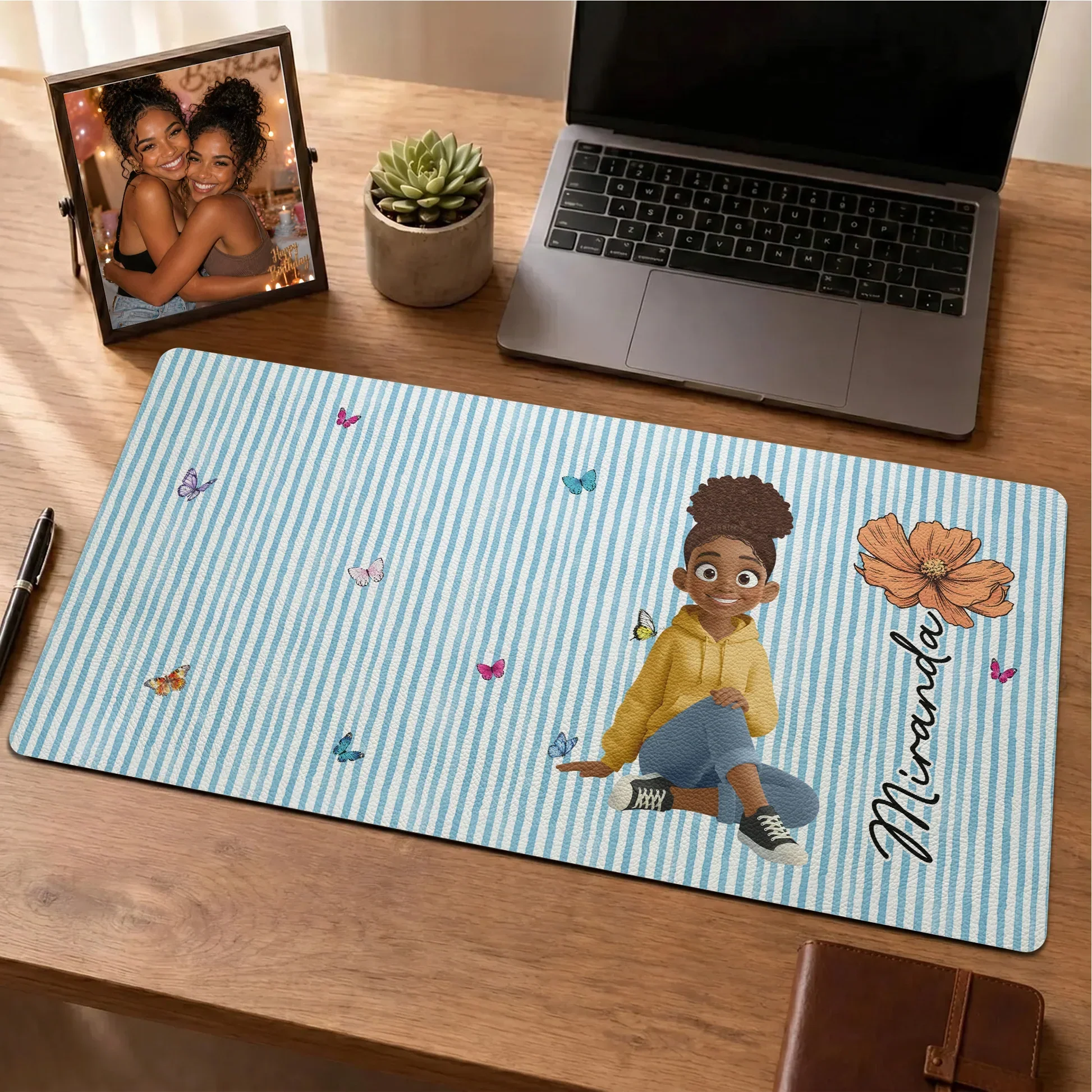 Personalized Leather Desk Mat, Cute Character & Birth Flower Design, Unique Gift for Her Workspace - Image 6