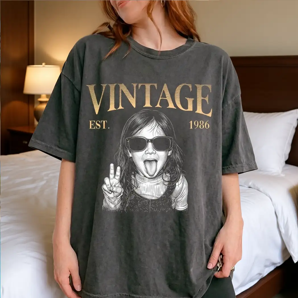 Personalized Classic Tee, Vintage Peace Sign Girl Graphic, Unique Creative Gift for Retro Style Fans