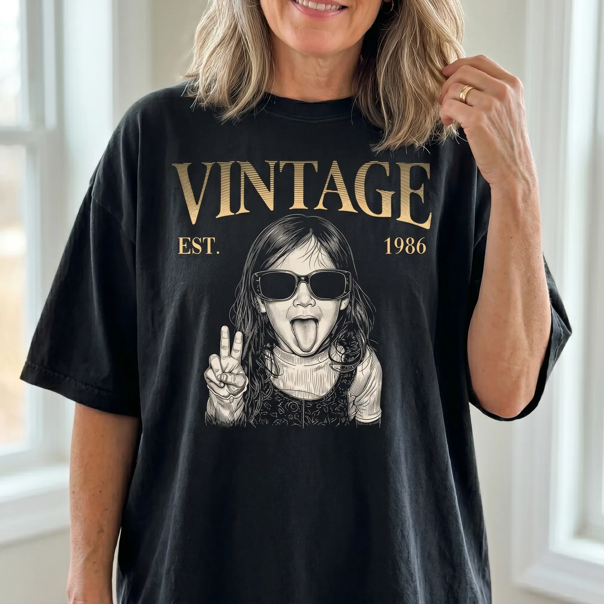 Personalized Classic Tee, Vintage Peace Sign Girl Graphic, Unique Creative Gift for Retro Style Fans - Image 2