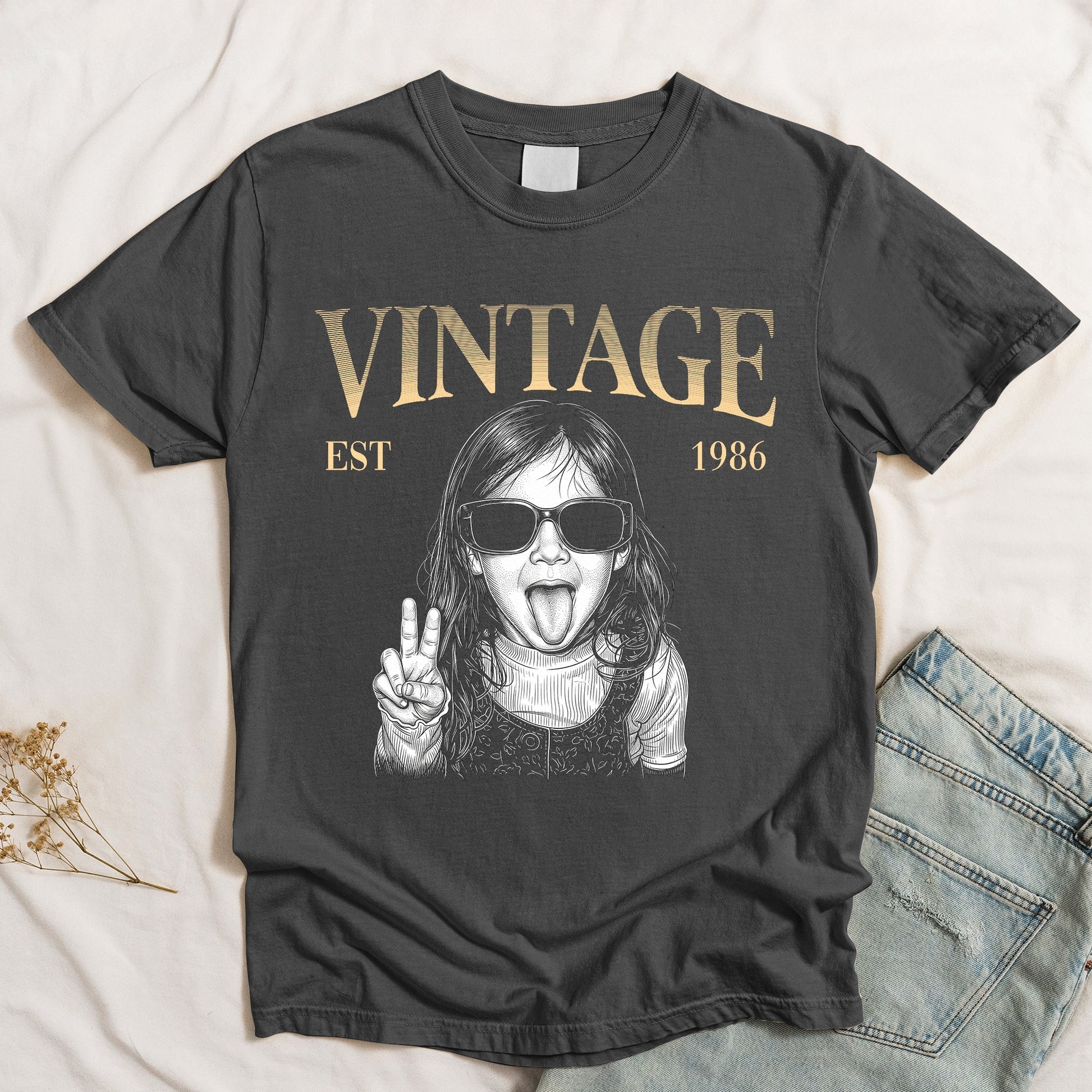 Personalized Classic Tee, Vintage Peace Sign Girl Graphic, Unique Creative Gift for Retro Style Fans - Image 3