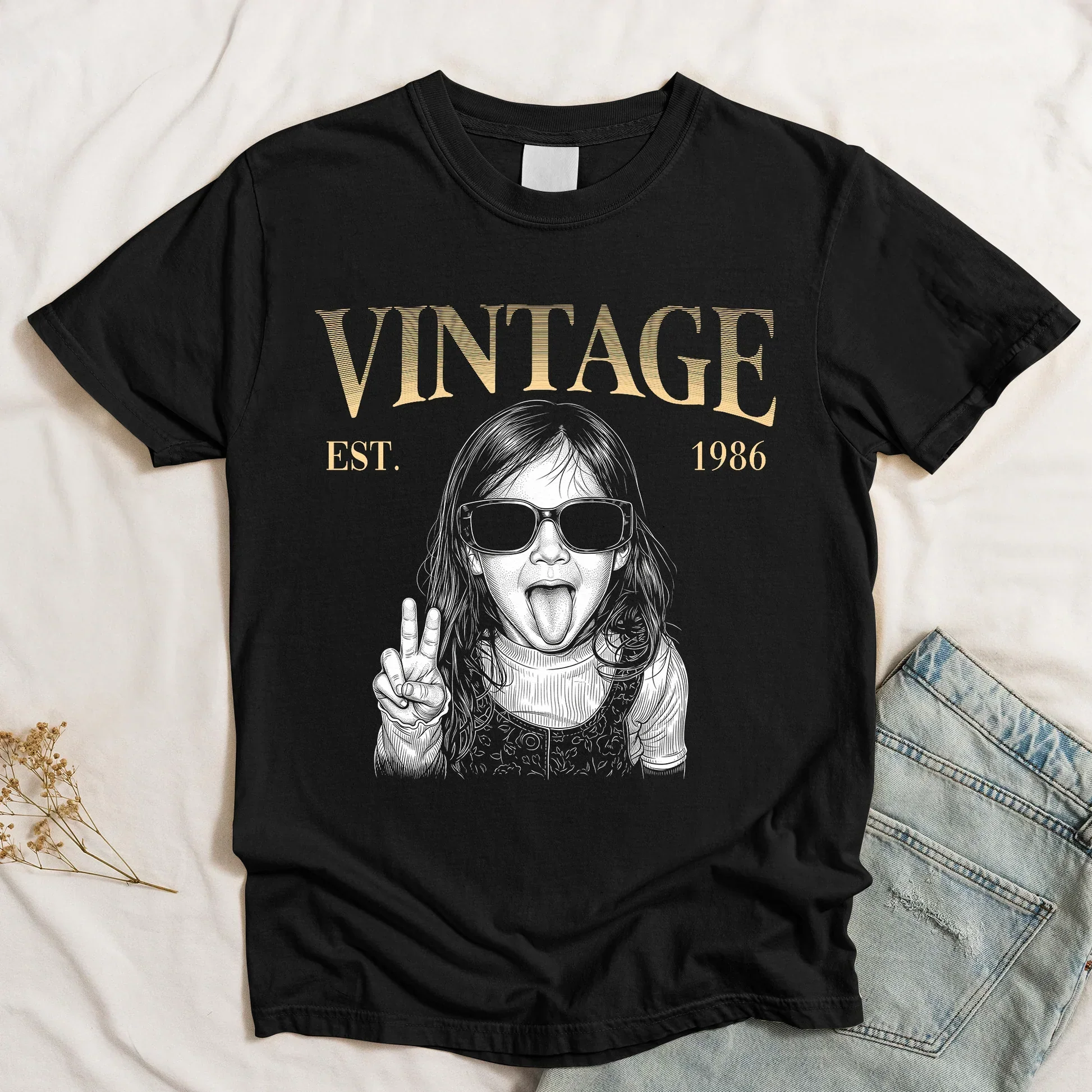 Personalized Classic Tee, Vintage Peace Sign Girl Graphic, Unique Creative Gift for Retro Style Fans - Image 4
