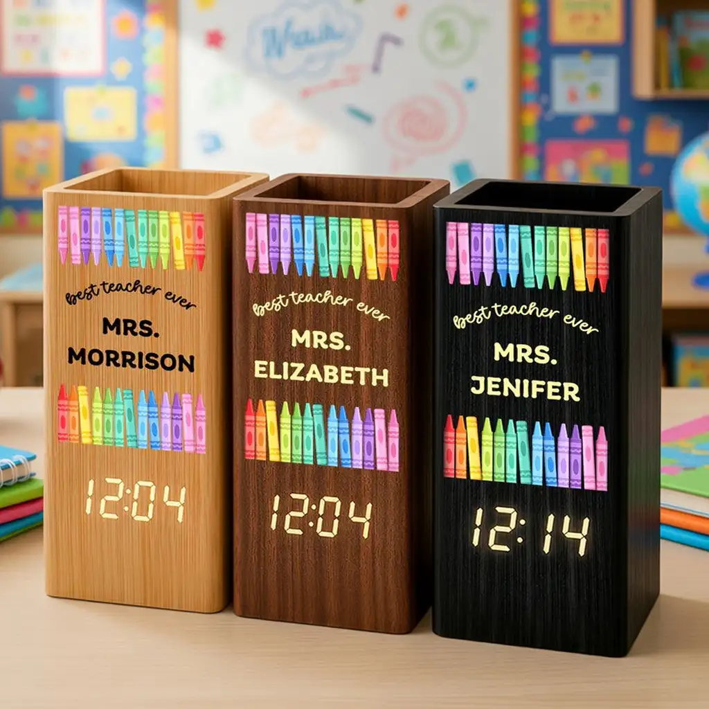 Personalized Wooden Pen Holder Clock, Colorful Crayon Teacher Desk Organizer, Unique Gift for Teacher