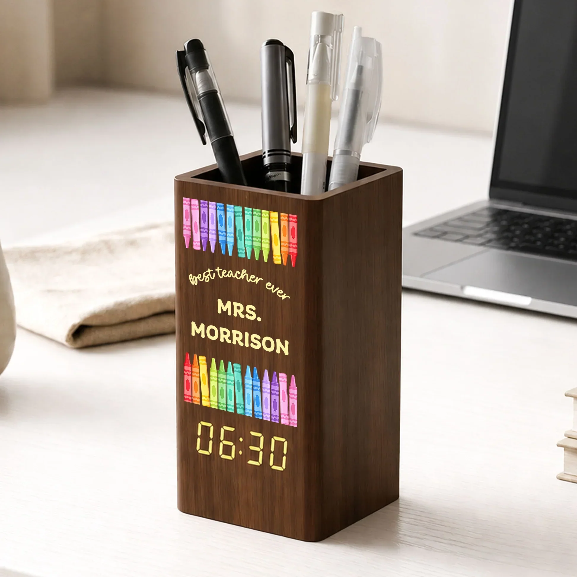 Personalized Wooden Pen Holder Clock, Colorful Crayon Teacher Desk Organizer, Unique Gift for Teacher - Image 2
