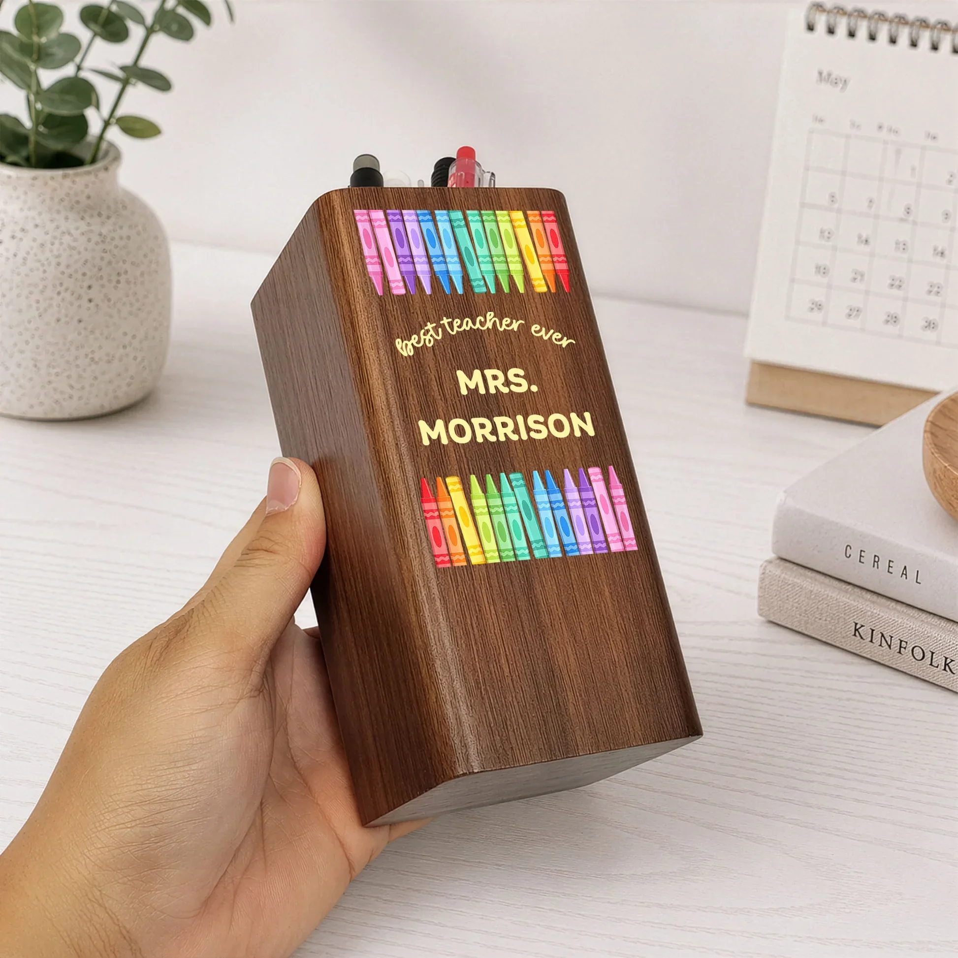 Personalized Wooden Pen Holder Clock, Colorful Crayon Teacher Desk Organizer, Unique Gift for Teacher - Image 3