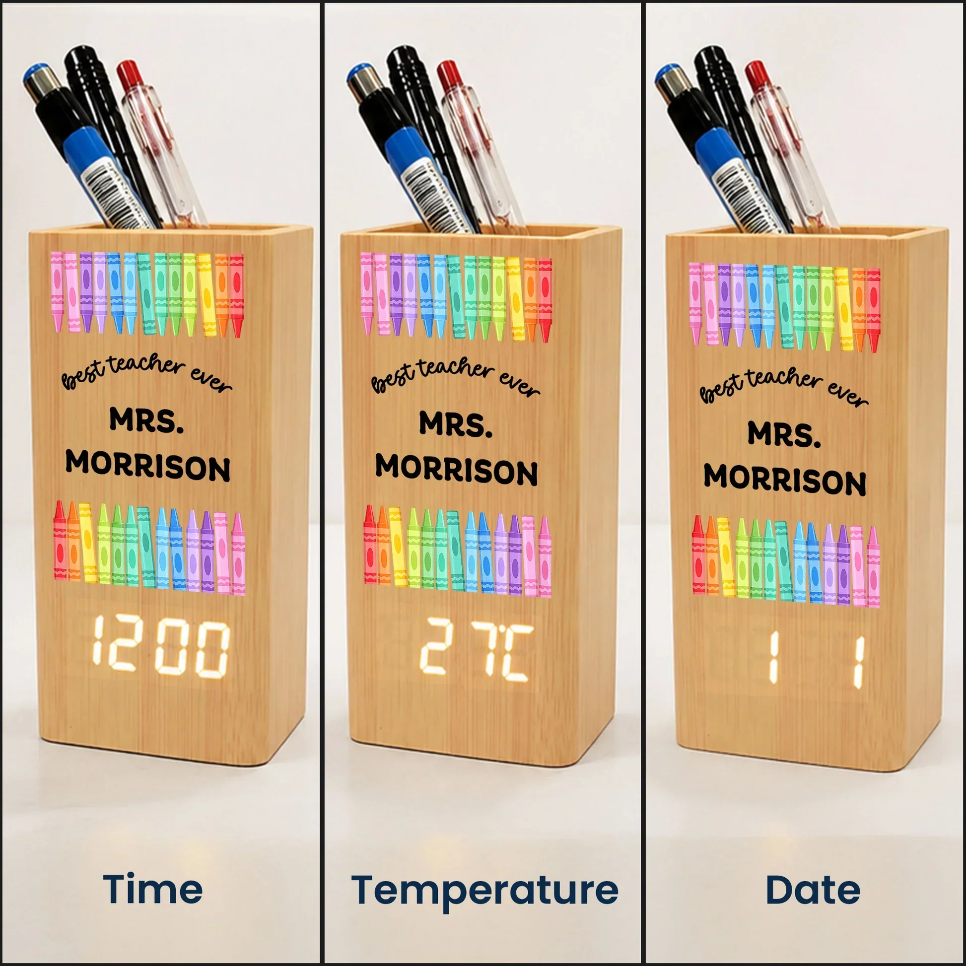 Personalized Wooden Pen Holder Clock, Colorful Crayon Teacher Desk Organizer, Unique Gift for Teacher - Image 5
