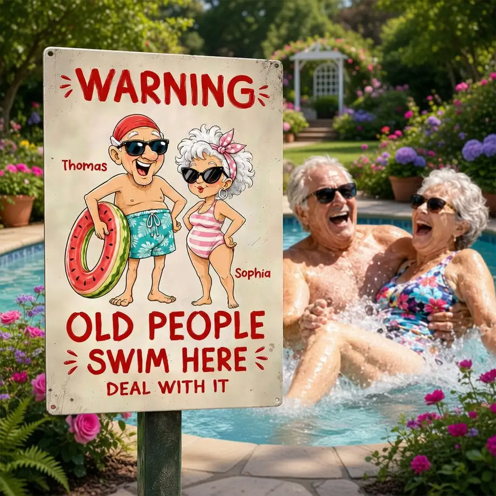 Personalized Rectangular Iron Sign, Funny Old People Swim Here Pool Decor, Unique Gift for Couple