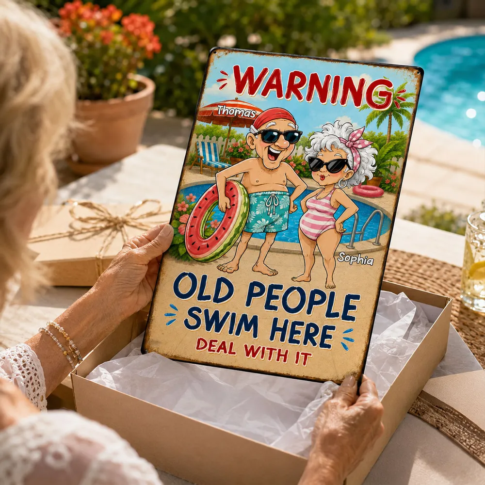 Personalized Rectangular Iron Sign, Funny Old People Swim Here Pool Decor, Unique Gift for Couple - Image 2