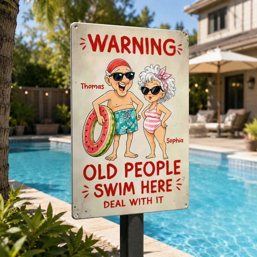 Personalized Rectangular Iron Sign, Funny Old People Swim Here Pool Decor, Unique Gift for Couple - Image 3