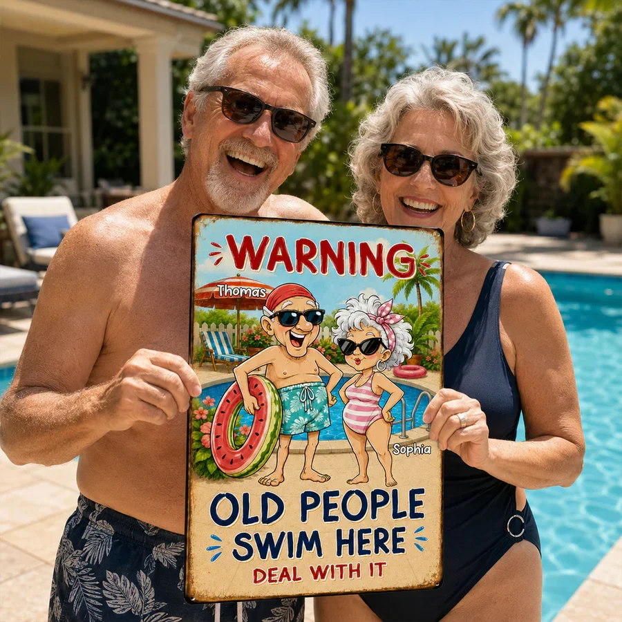 Personalized Rectangular Iron Sign, Funny Old People Swim Here Pool Decor, Unique Gift for Couple - Image 4