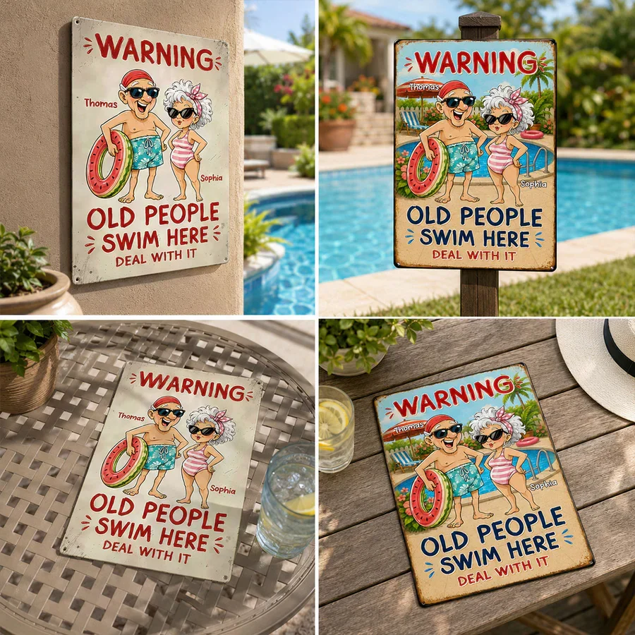 Personalized Rectangular Iron Sign, Funny Old People Swim Here Pool Decor, Unique Gift for Couple - Image 5