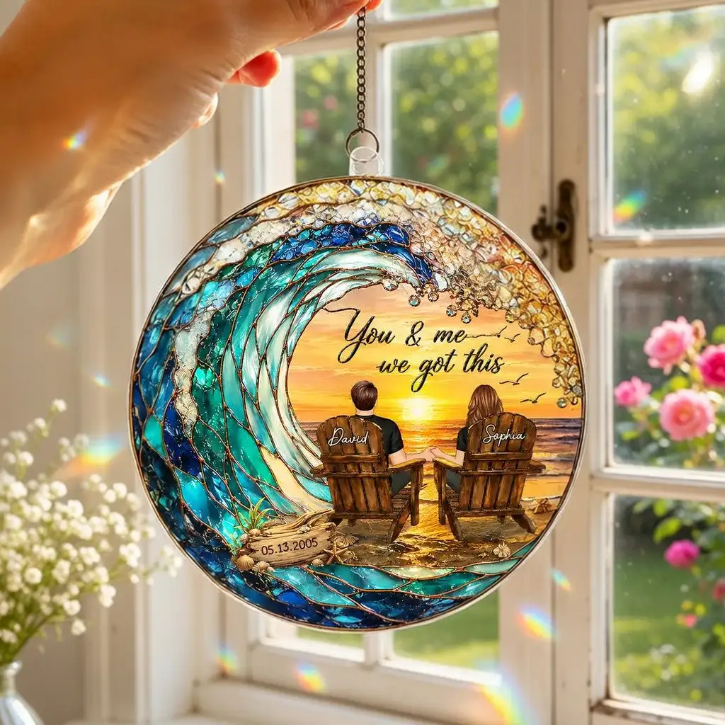 Custom Acrylic Suncatcher Ornament with You & Me Beach Art, Creative Gift for a Couple, Warm Window Glow