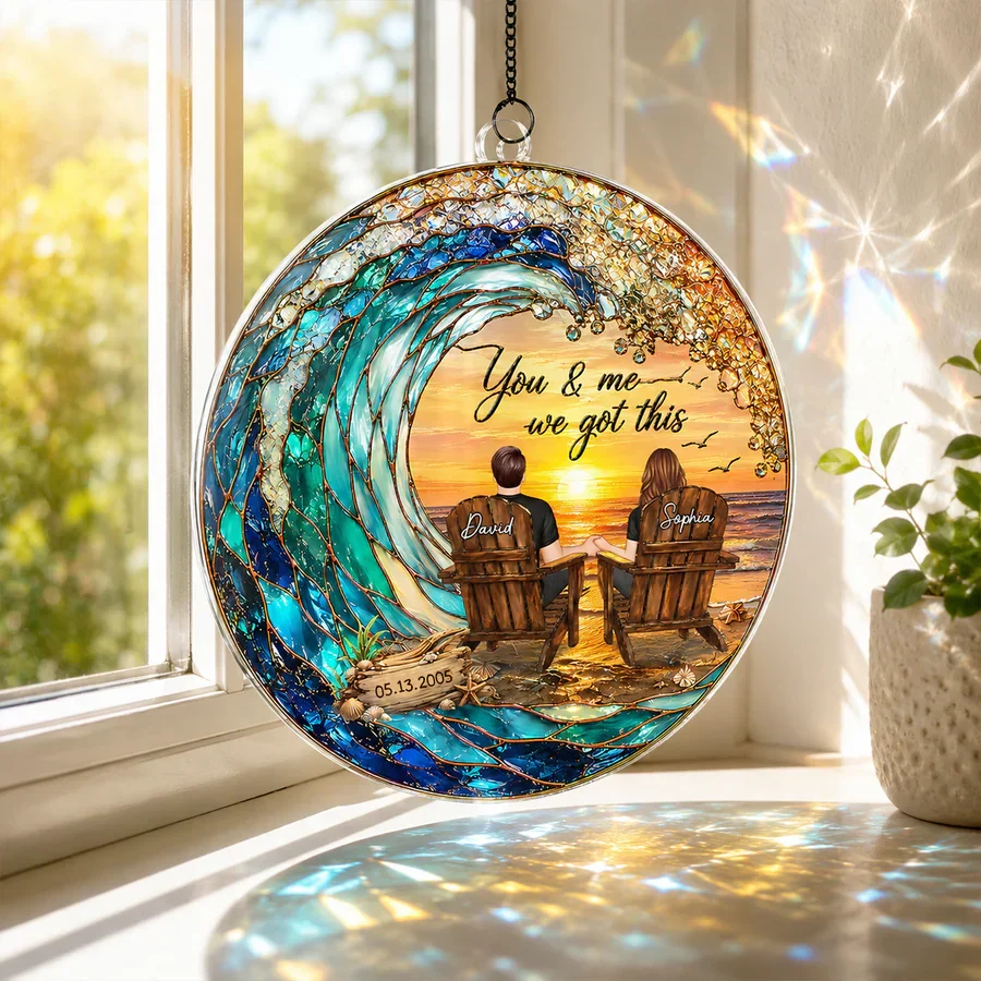 Custom Acrylic Suncatcher Ornament with You & Me Beach Art, Creative Gift for a Couple, Warm Window Glow - Image 3