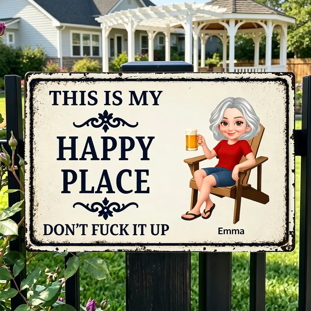 Personalized Rectangular Iron Sign, Happy Place Patio Decor, Unique Creative Gift for Her