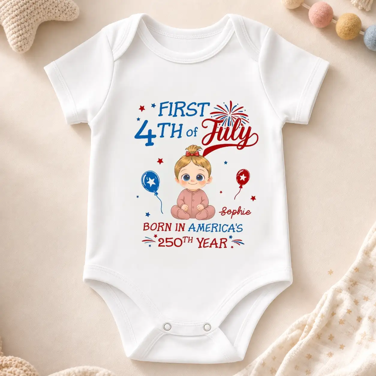 Personalized Short Sleeve Baby Onesie with Fireworks, First 4th of July Unique Gift for New Parents