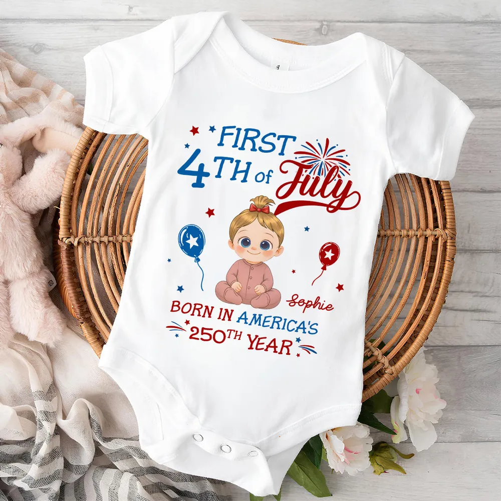 Personalized Short Sleeve Baby Onesie with Fireworks, First 4th of July Unique Gift for New Parents - Image 3