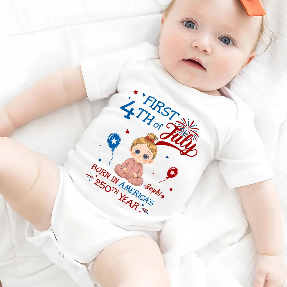 Personalized Short Sleeve Baby Onesie with Fireworks, First 4th of July Unique Gift for New Parents - Image 4
