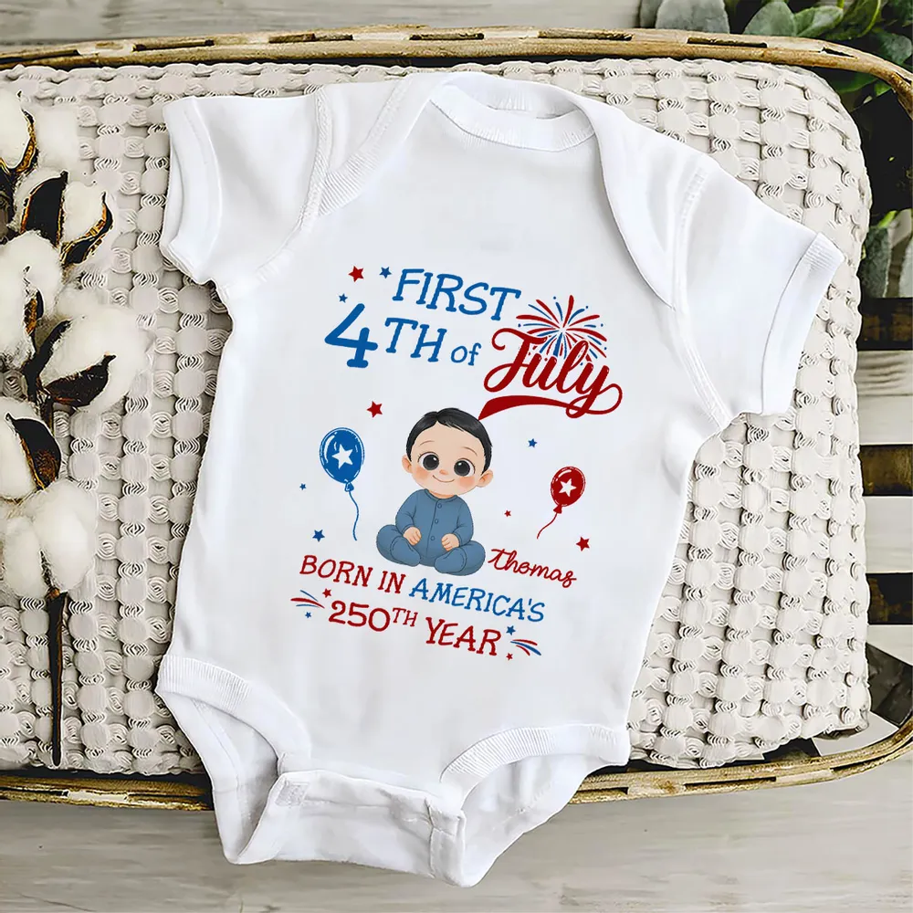 Personalized Short Sleeve Baby Onesie with Fireworks, First 4th of July Unique Gift for New Parents - Image 5