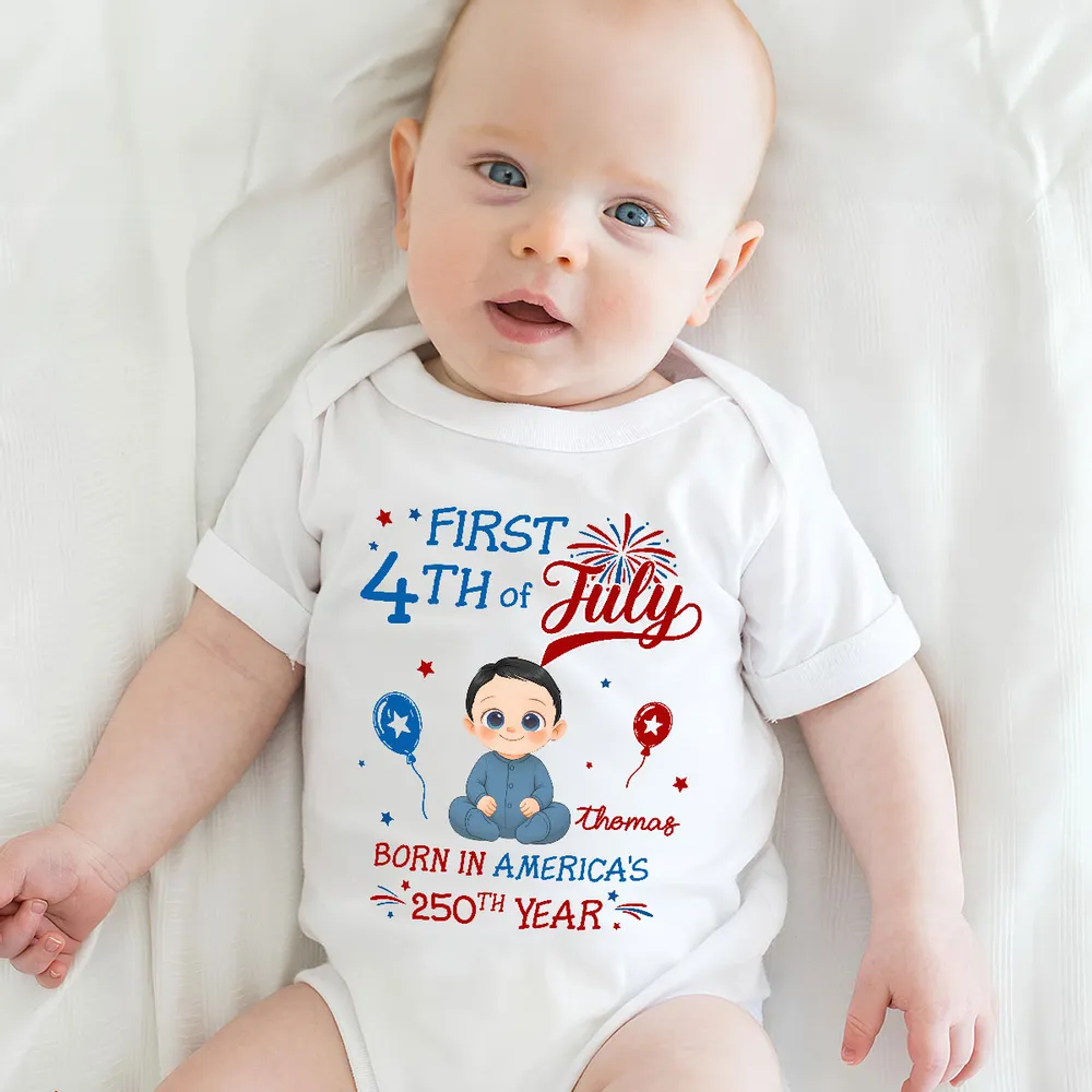 Personalized Short Sleeve Baby Onesie with Fireworks, First 4th of July Unique Gift for New Parents - Image 6