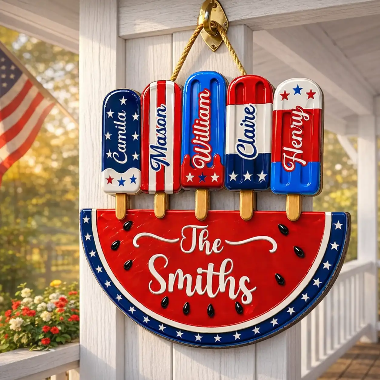 Personalized Patriotic Watermelon Wooden Sign with Popsicle Art, Creative Gift for Family Summer Decor