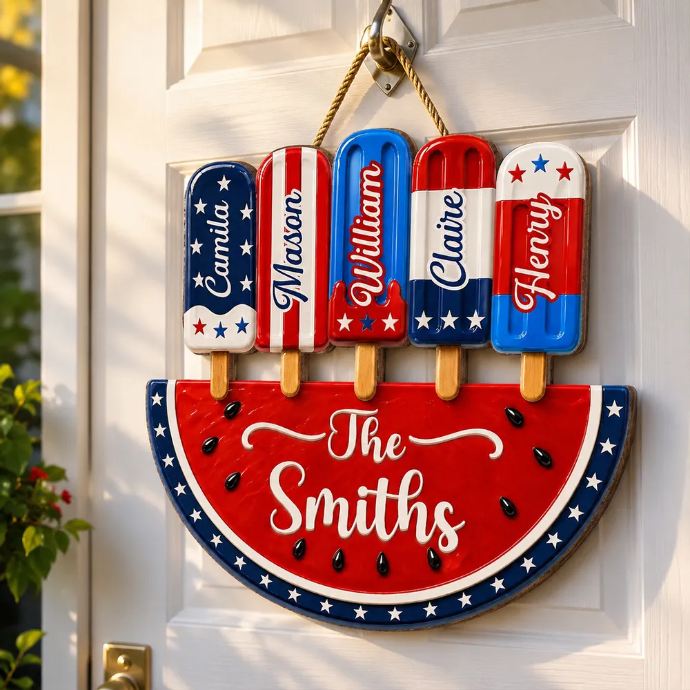 Personalized Patriotic Watermelon Wooden Sign with Popsicle Art, Creative Gift for Family Summer Decor - Image 2