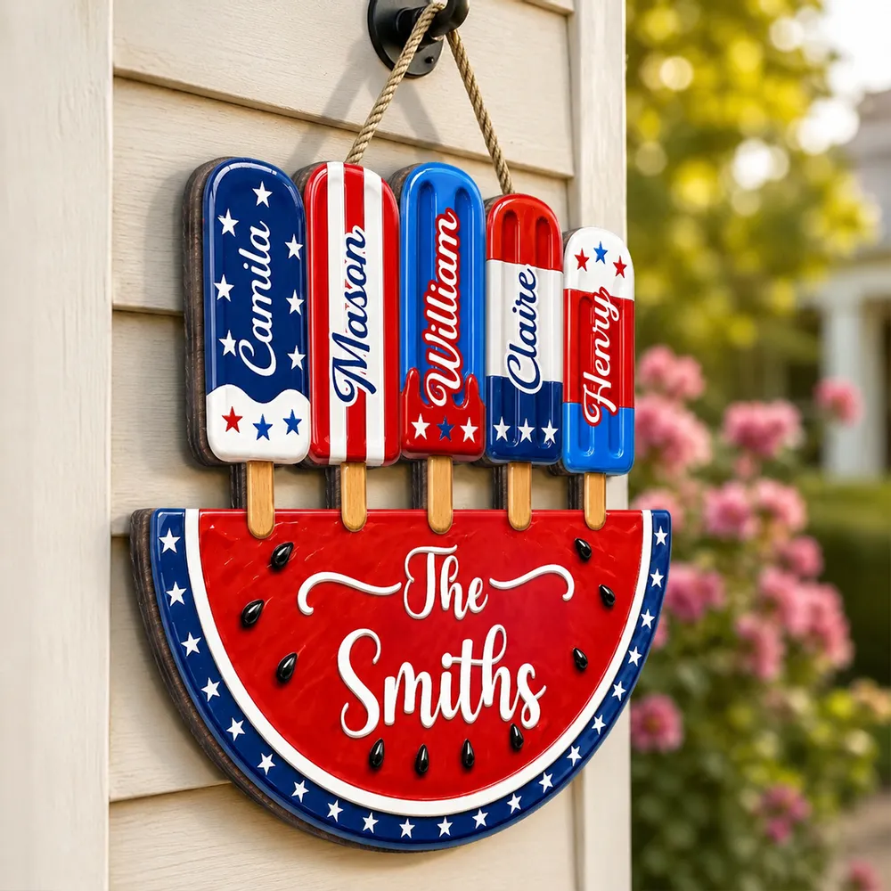 Personalized Patriotic Watermelon Wooden Sign with Popsicle Art, Creative Gift for Family Summer Decor - Image 3