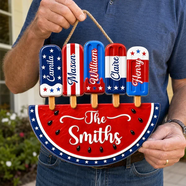 Personalized Patriotic Watermelon Wooden Sign with Popsicle Art, Creative Gift for Family Summer Decor - Image 5