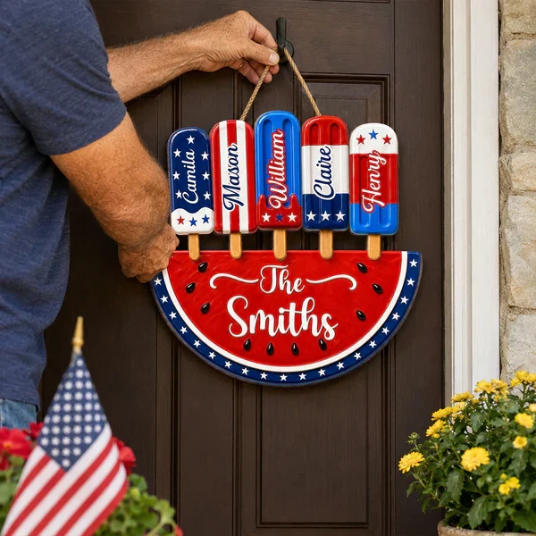 Personalized Patriotic Watermelon Wooden Sign with Popsicle Art, Creative Gift for Family Summer Decor - Image 6