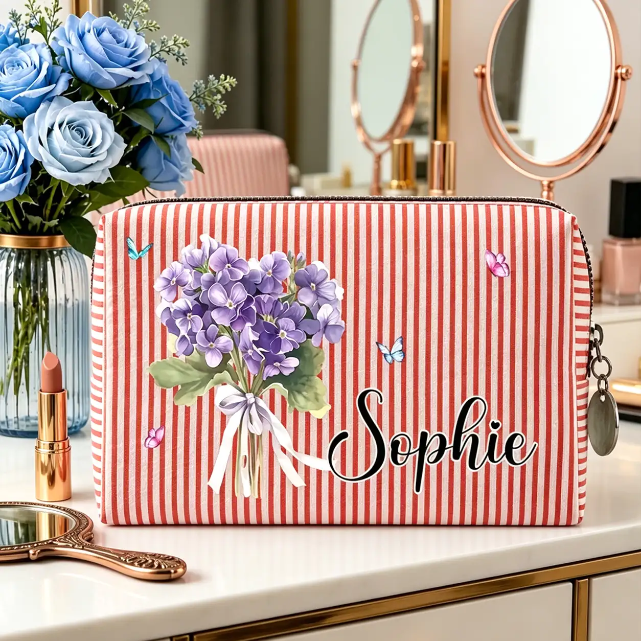 Personalized Stripes Makeup Bag with Birth Month Flower, Unique Creative Gift for Her, Vanity & Travel Pouch