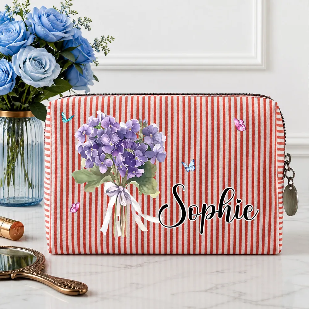 Personalized Stripes Makeup Bag with Birth Month Flower, Unique Creative Gift for Her, Vanity & Travel Pouch - Image 2