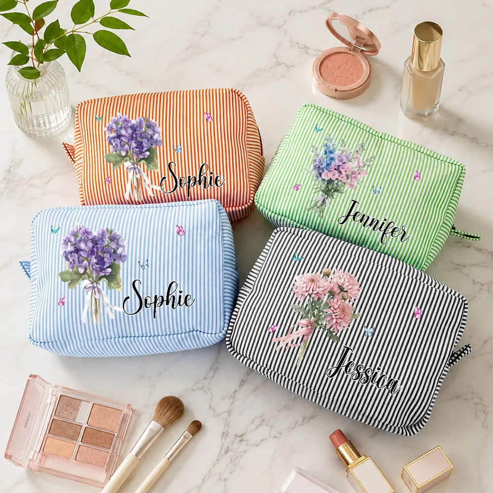 Personalized Stripes Makeup Bag with Birth Month Flower, Unique Creative Gift for Her, Vanity & Travel Pouch - Image 3