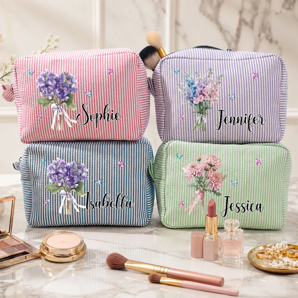Personalized Stripes Makeup Bag with Birth Month Flower, Unique Creative Gift for Her, Vanity & Travel Pouch - Image 4