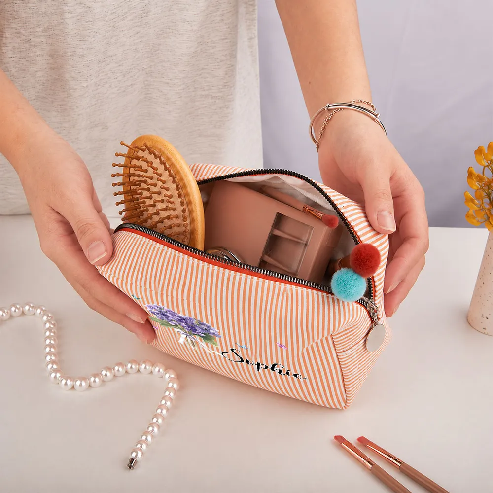 Personalized Stripes Makeup Bag with Birth Month Flower, Unique Creative Gift for Her, Vanity & Travel Pouch - Image 6