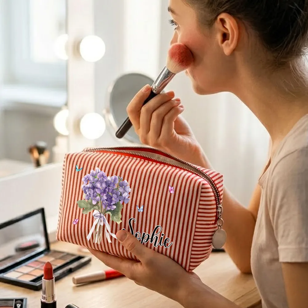 Personalized Stripes Makeup Bag with Birth Month Flower, Unique Creative Gift for Her, Vanity & Travel Pouch - Image 7