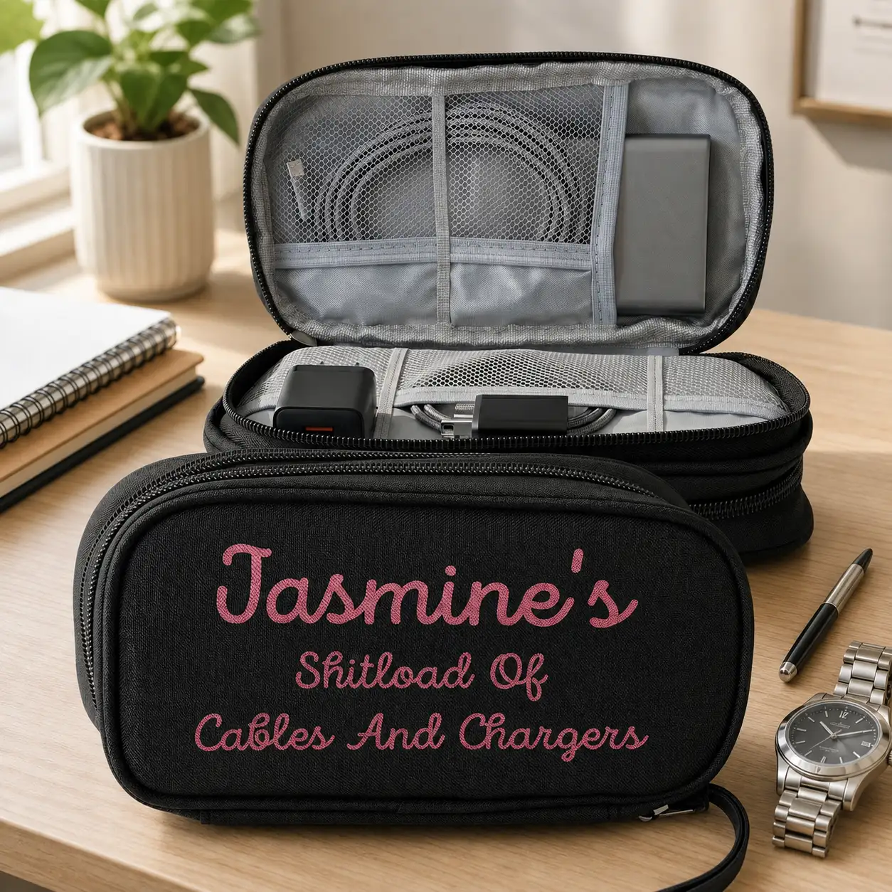 Personalized Oxford Cable Organizer, Funny Desk Charger Bag, Unique Gift for Tech Lover