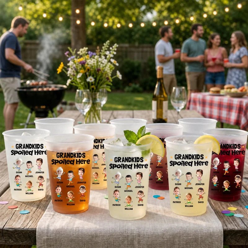 Personalized Frosted Plastic Cup, Grandkids Spoiled Here, Backyard BBQ, Unique Gift for Grandparents