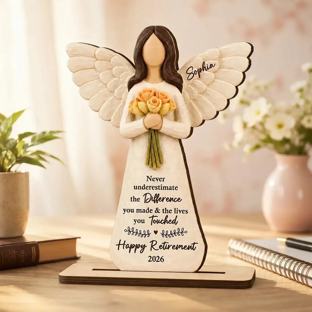 Personalized Wooden Plaque with Angel & Bouquet, Unique Retirement Gift for Retiree Keepsake